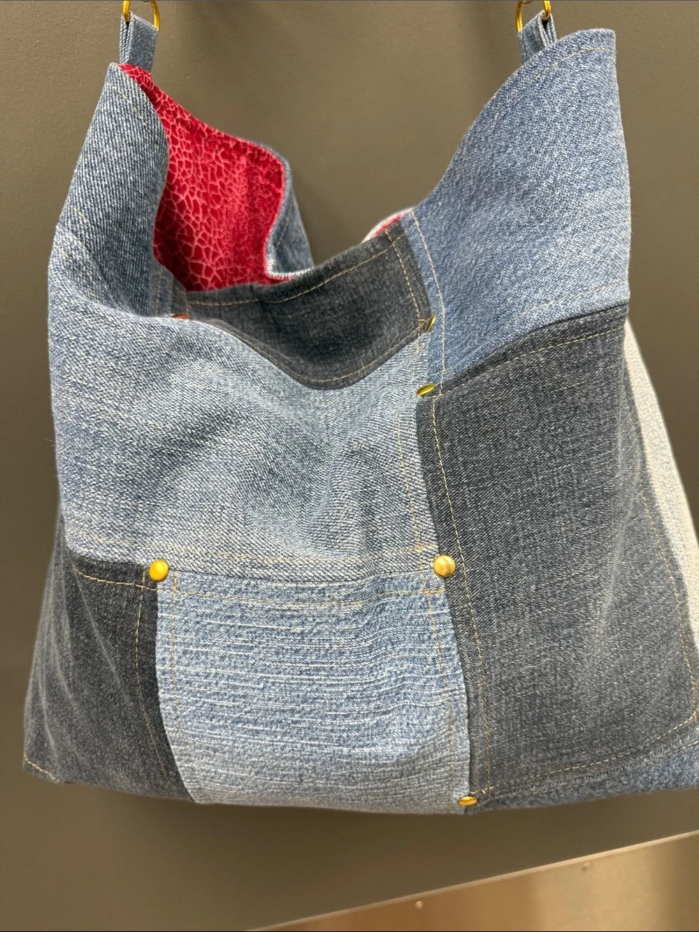 NWOT Denim Patchwork Hobo Bag with Striped Strap - Blue and Red - Picture 3 of 7